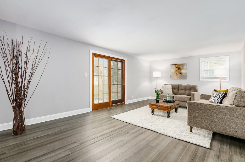 A living room with sliding doors.