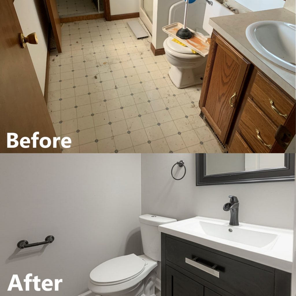 A before and after shot of an upgraded bathroom.