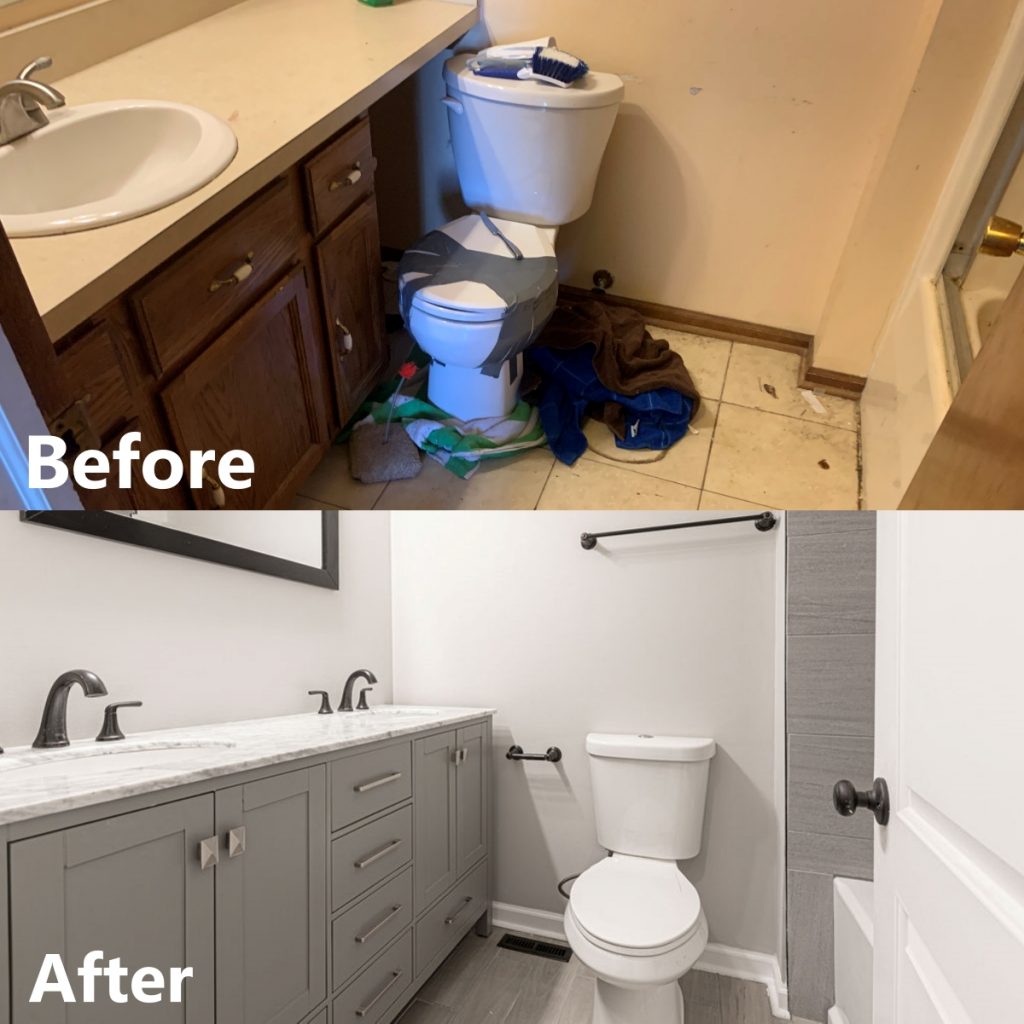 A before and after shot of a renovated bathroom.