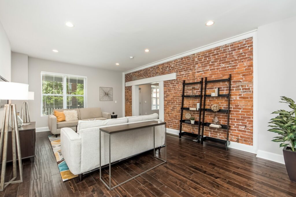 Exposed brick in a living room.