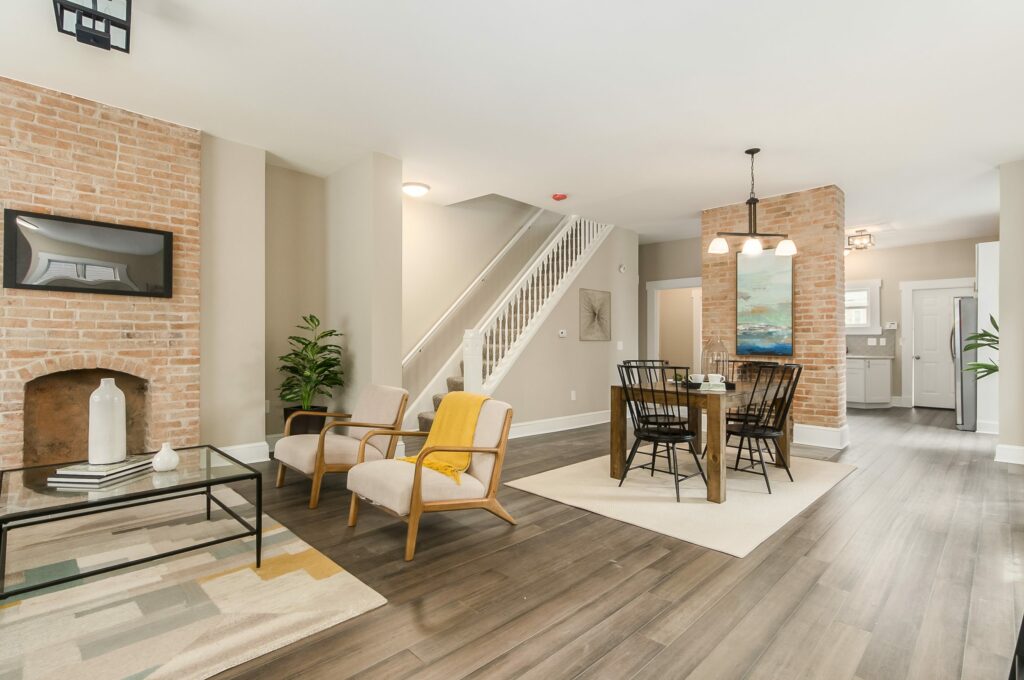 A luxurious fireplace and living room inside a residential home in Ohio.