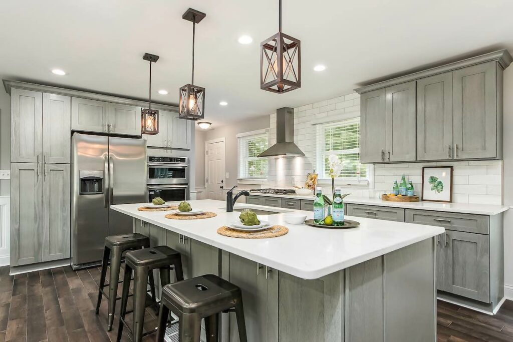 An Ohio kitchen with new lighting fixtures.