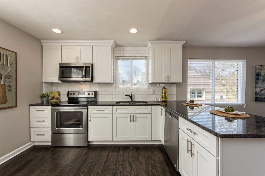 A renovated kitchen with an island